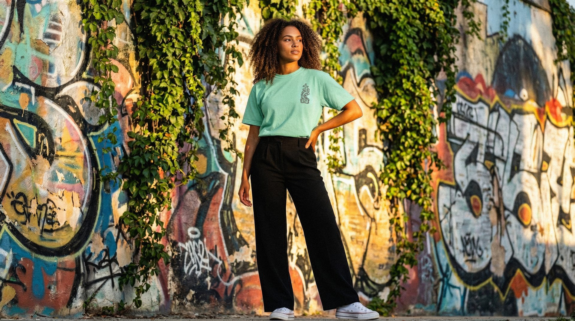 African American woman in a Coral EverSince t-shirt standing against a weathered blue wall